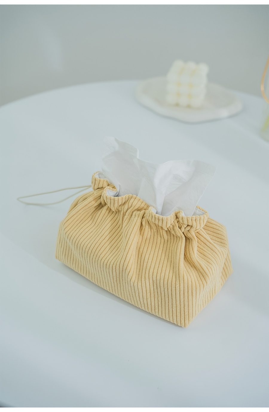 Mustard yellow striped fabric tissue box storage bag