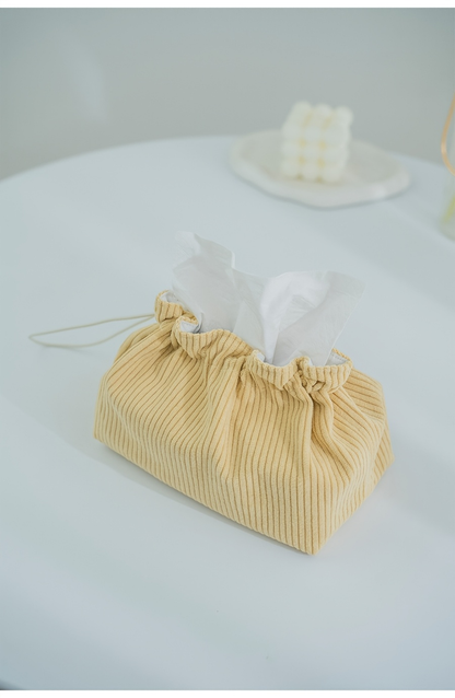 Mustard yellow striped fabric tissue box storage bag