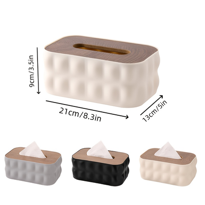 Modern white acrylic tissue box with spring-loaded lid and wood-grain finish.