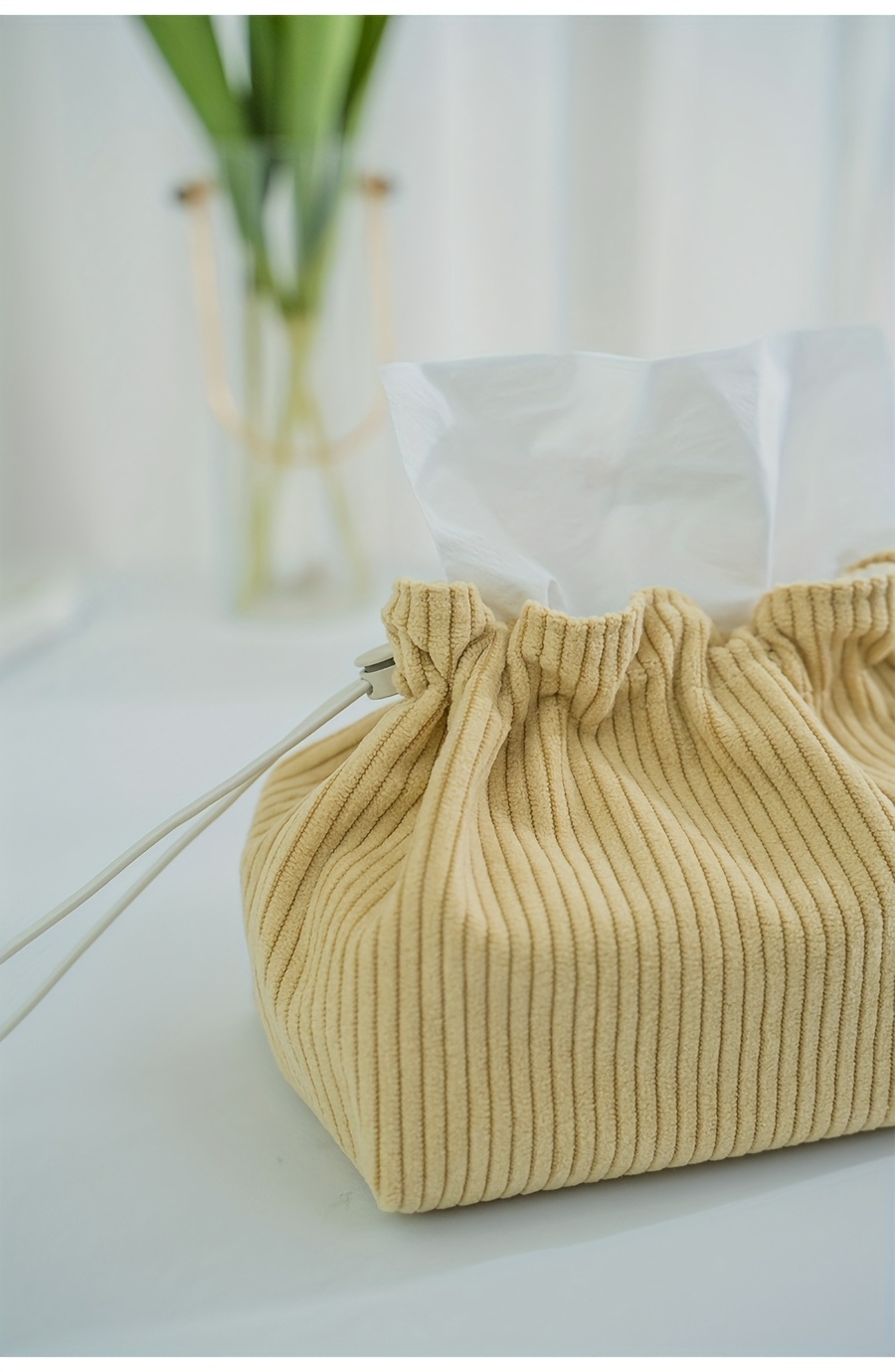 Mustard yellow striped fabric tissue box storage bag