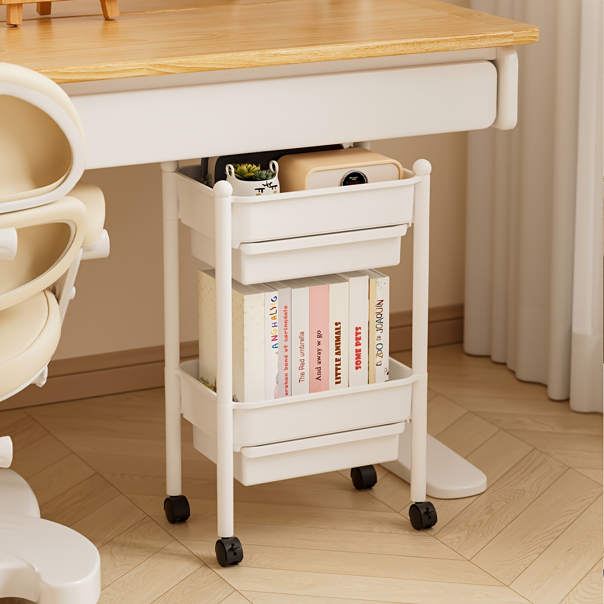 Bookshelf with wheels, and includes two pen holders.