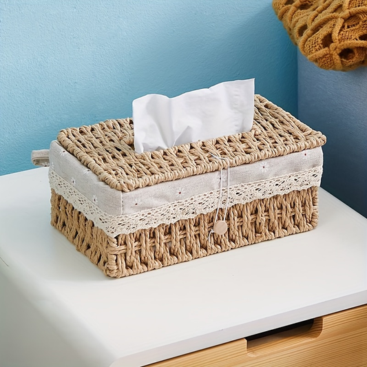 Retro-style woven tissue box cover with lid - durable paper rope storage organizer.