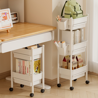 Bookshelf with wheels, and includes two pen holders.