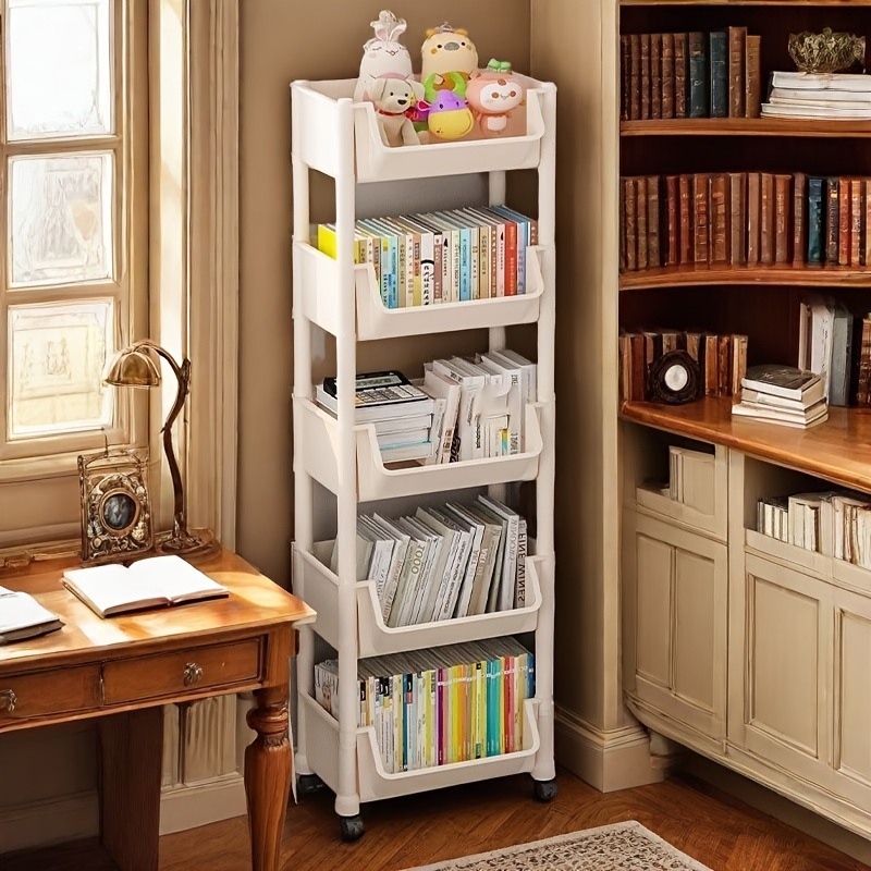 White  bookshelf with wheels - freestanding vertical storage rack