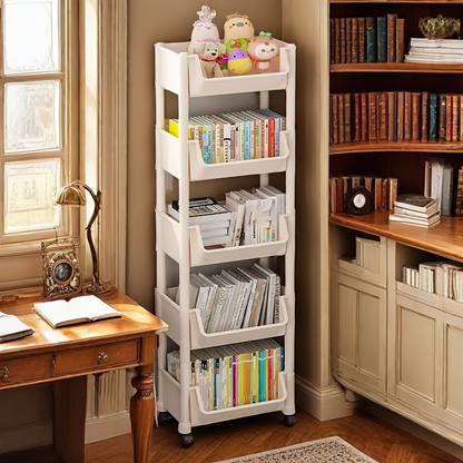 White  bookshelf with wheels - freestanding vertical storage rack