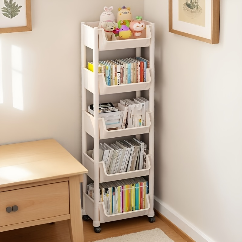 White  bookshelf with wheels - freestanding vertical storage rack