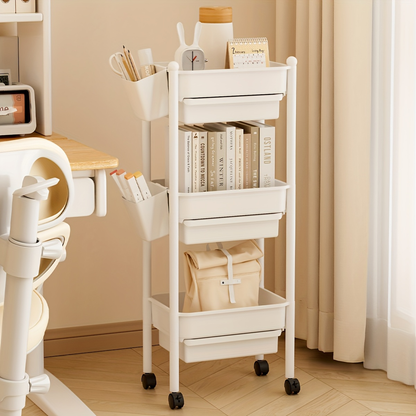 Bookshelf with wheels, and includes two pen holders.
