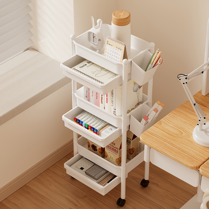 Bookshelf with wheels, and includes two pen holders.