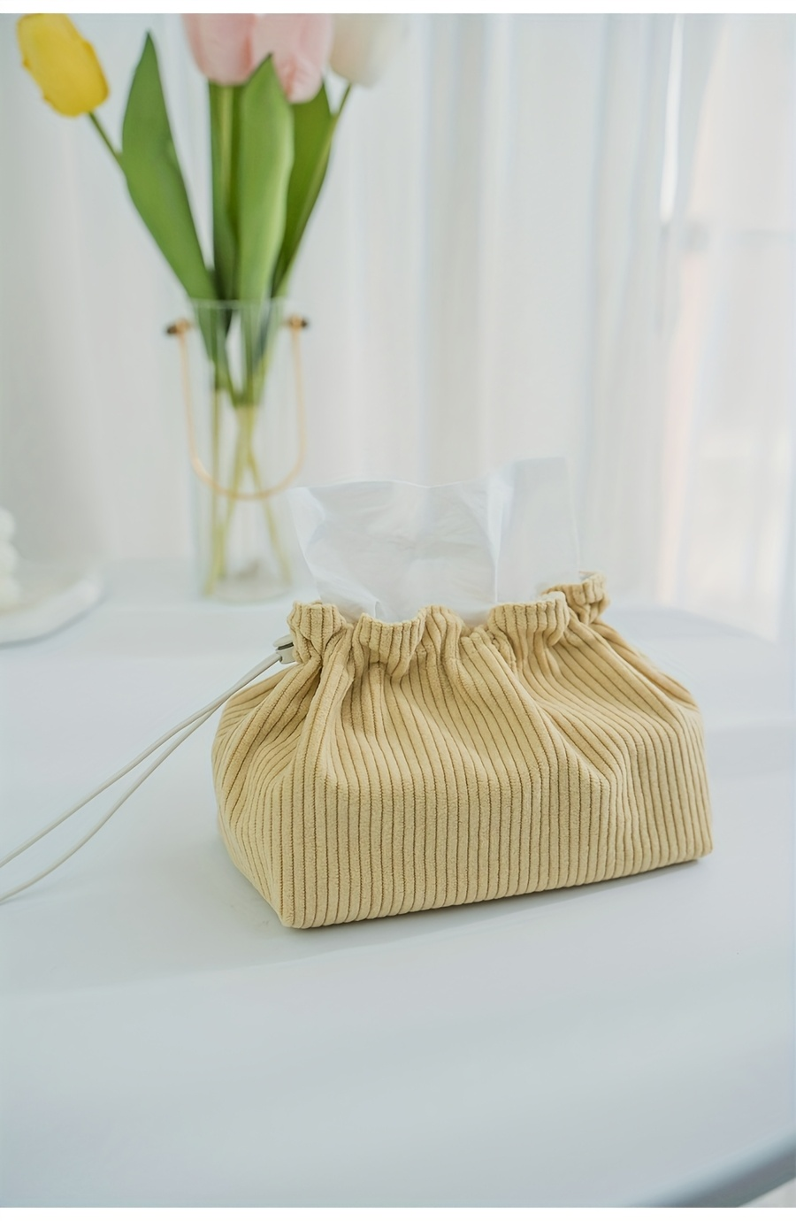 Mustard yellow striped fabric tissue box storage bag