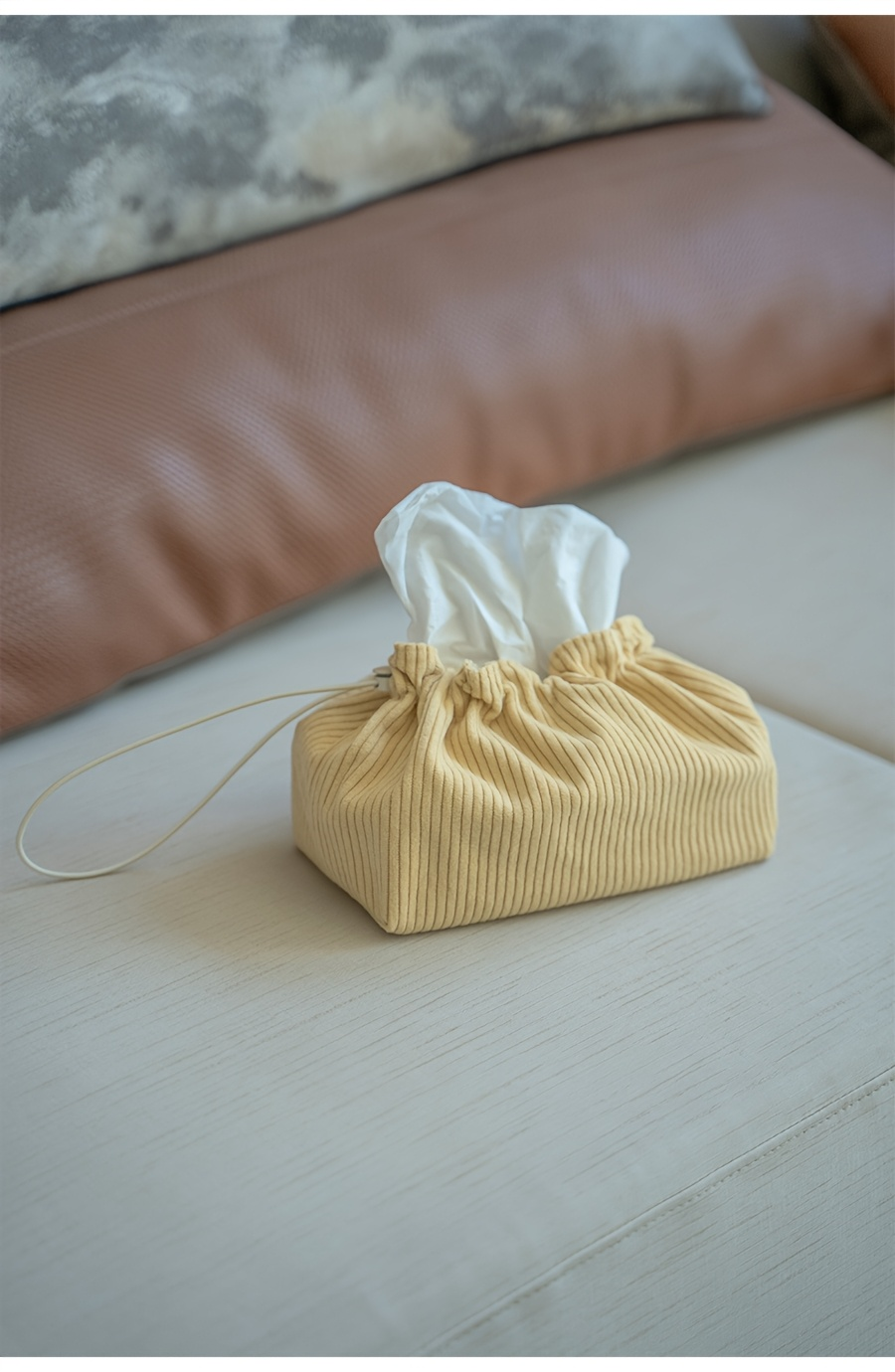 Mustard yellow striped fabric tissue box storage bag