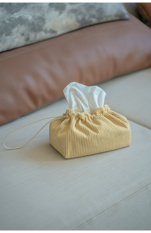 Mustard yellow striped fabric tissue box storage bag