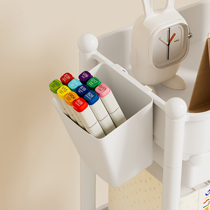 Bookshelf with wheels, and includes two pen holders.