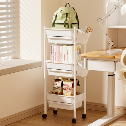 Bookshelf with wheels, and includes two pen holders.
