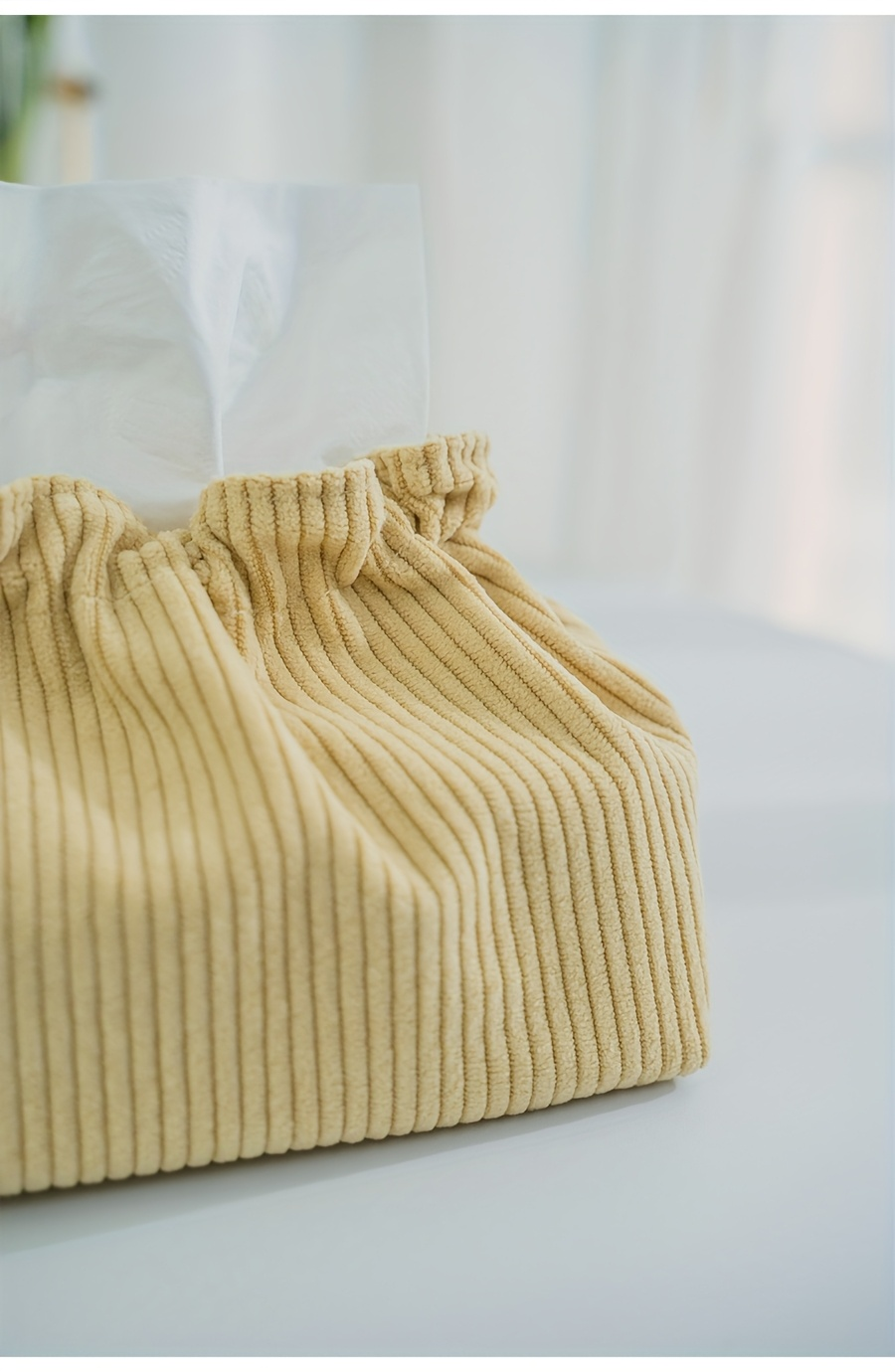 Mustard yellow striped fabric tissue box storage bag