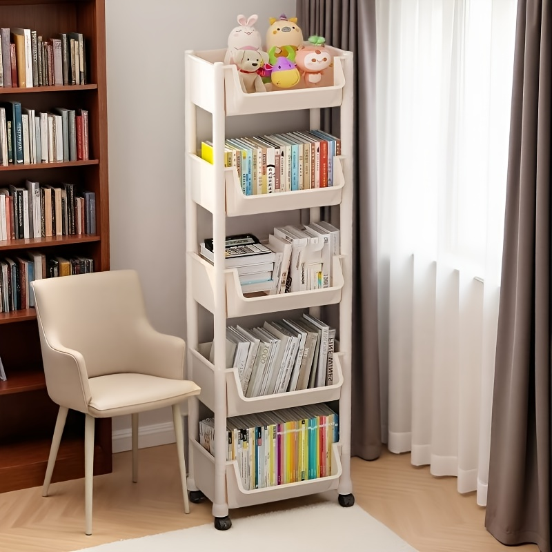 White  bookshelf with wheels - freestanding vertical storage rack