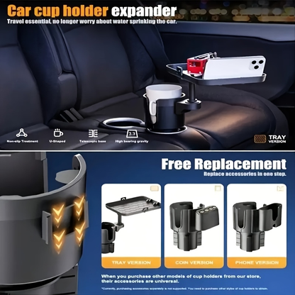 Adjustable car cup holder with 360° rotating tray
