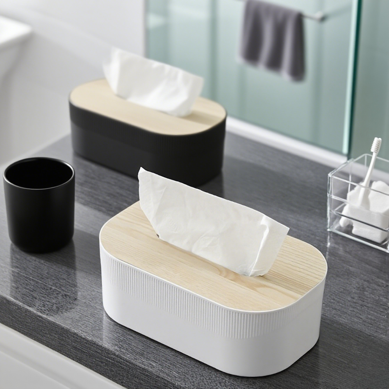 Modern black and white tissue box with lid - durable plastic rectangular storage box