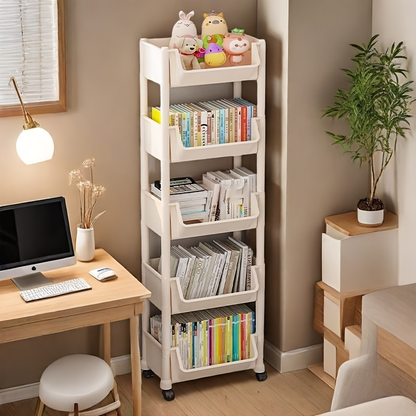 White  bookshelf with wheels - freestanding vertical storage rack